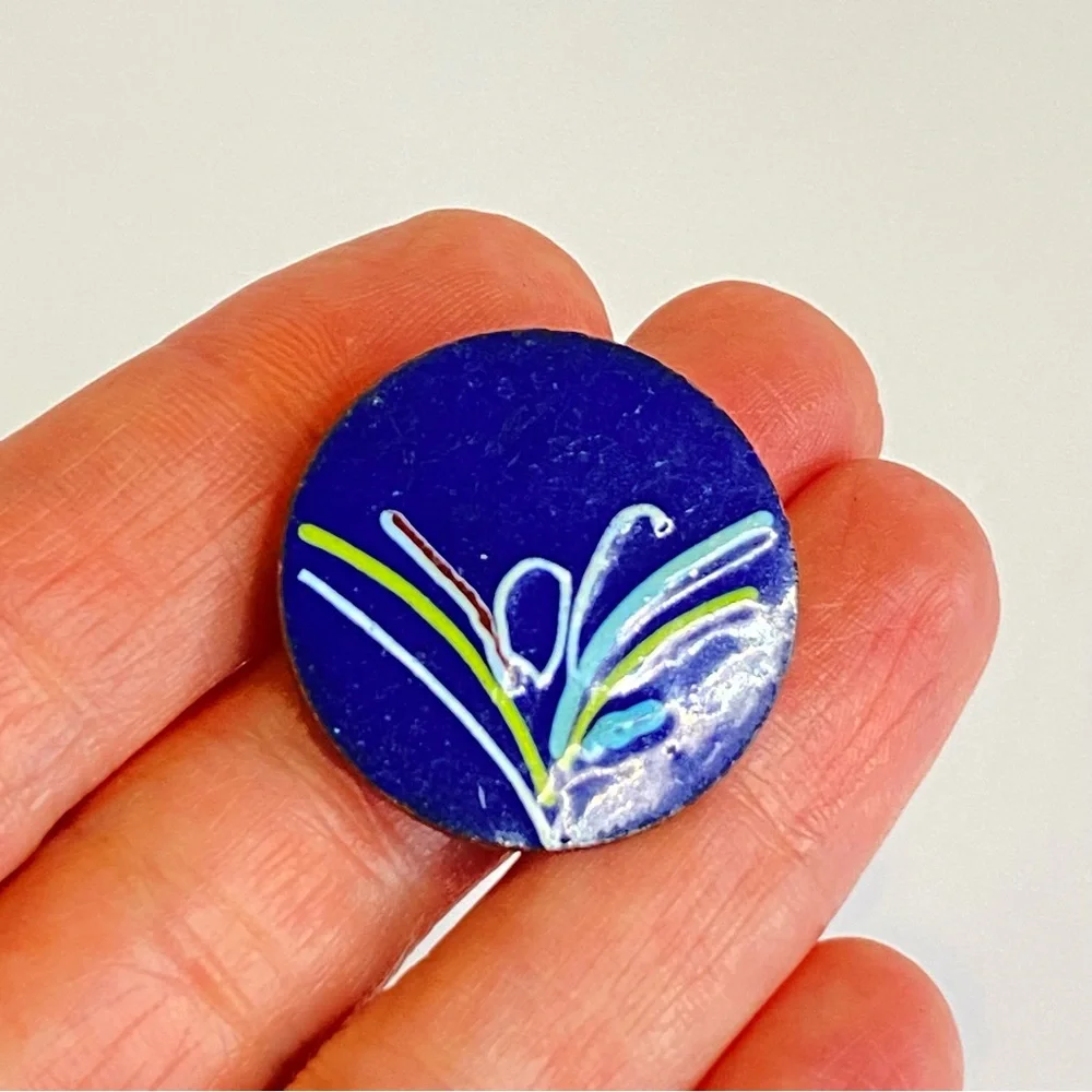 Vintage Copper Enamel‎ Earrings Brooch Set Blue Floral Screw Back Mid Century